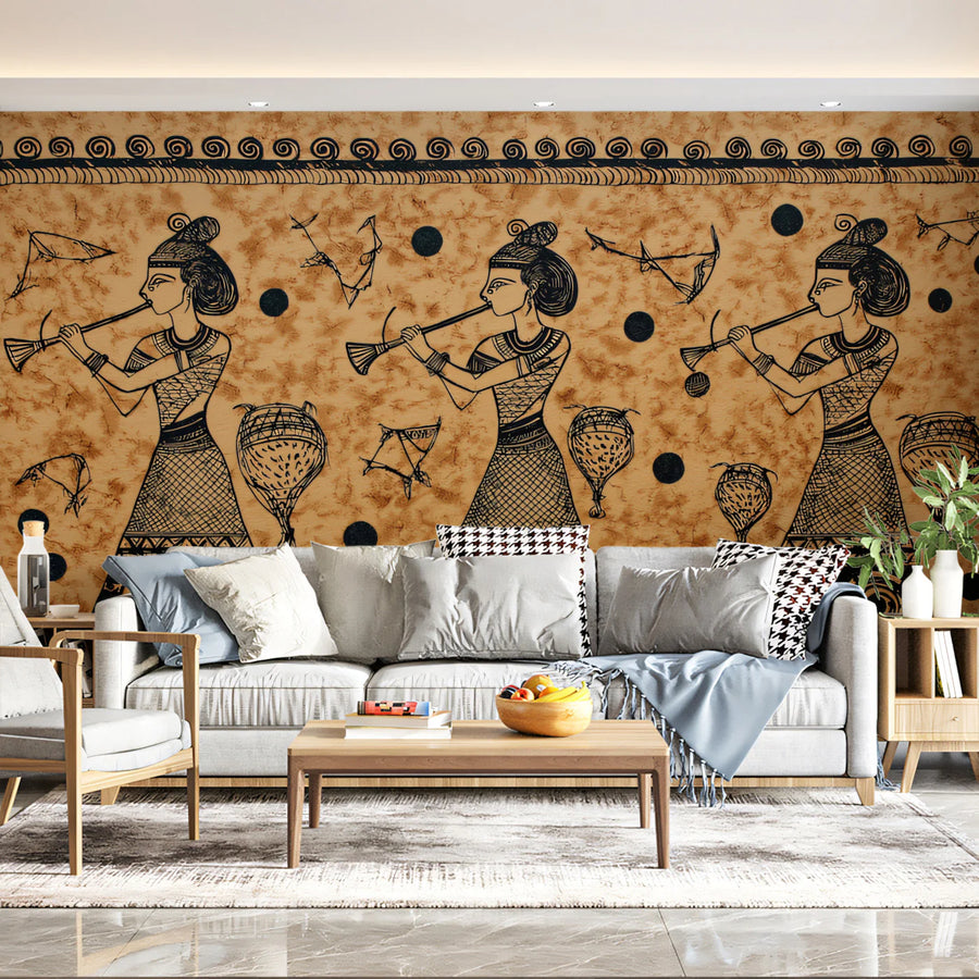 Ancient Art Mural Wallpaper Flute Players Illustration Mural Wallpaper