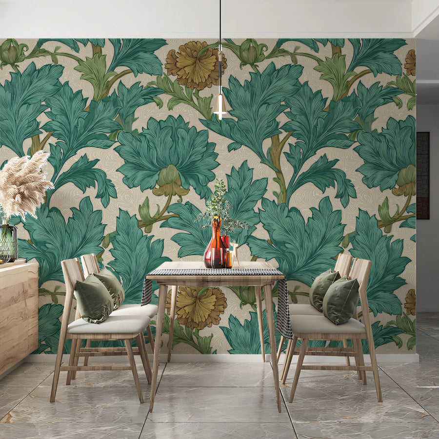 Acanthus Leaf Mural Wallpaper in Sage and Ochre Mural Wallpaper