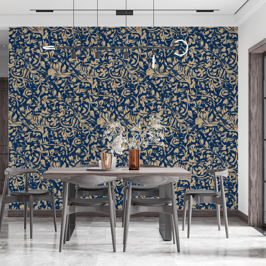 Baroque Scroll Mural Wallpaper Navy & Gold Filigree Mural Wallpaper