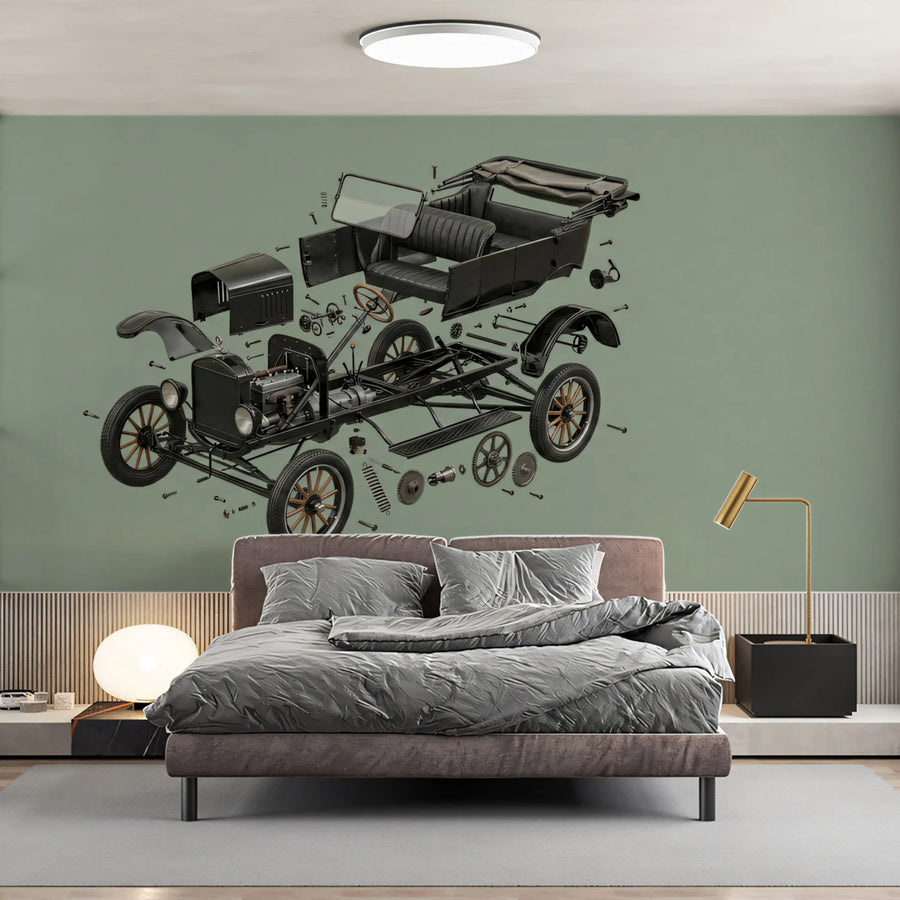 Vintage Car Exploded View Mural Wallpaper — Industrial Technical Art Mural Wallpaper