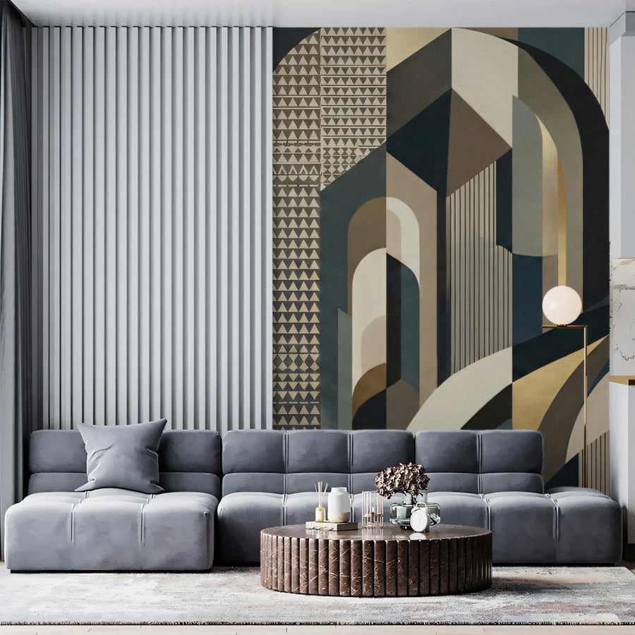 Art Deco Geometric Mural Wallpaper — Architectural Gold and Charcoal Mural Wallpaper