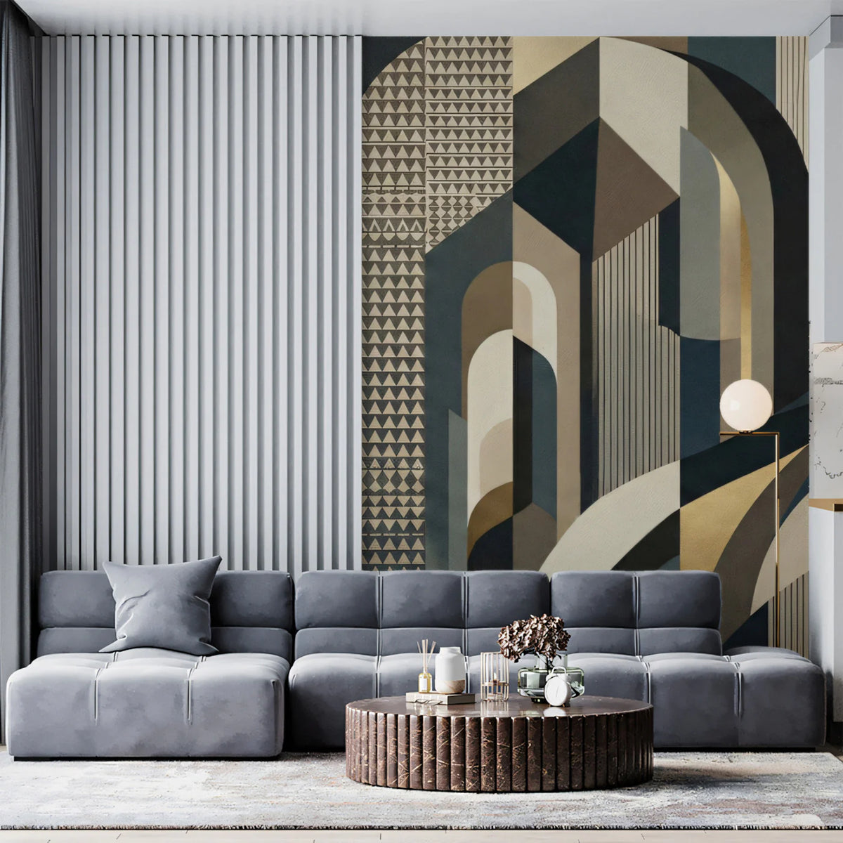 Art Deco Geometric Mural Wallpaper — Architectural Gold and Charcoal Mural Wallpaper - pure wallpaper artwork
