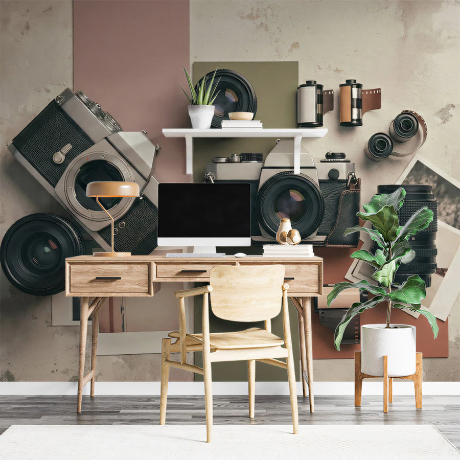 Vintage Camera Flat-Lay Mural Wallpaper —Retro Studio Decor Mural Wallpaper