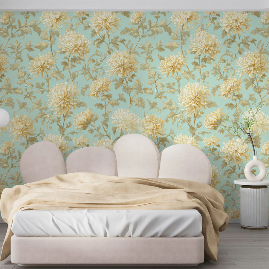 Vintage Chrysanthemum Floral Mural Wallpaper in Mint Green Mural Wallpaper