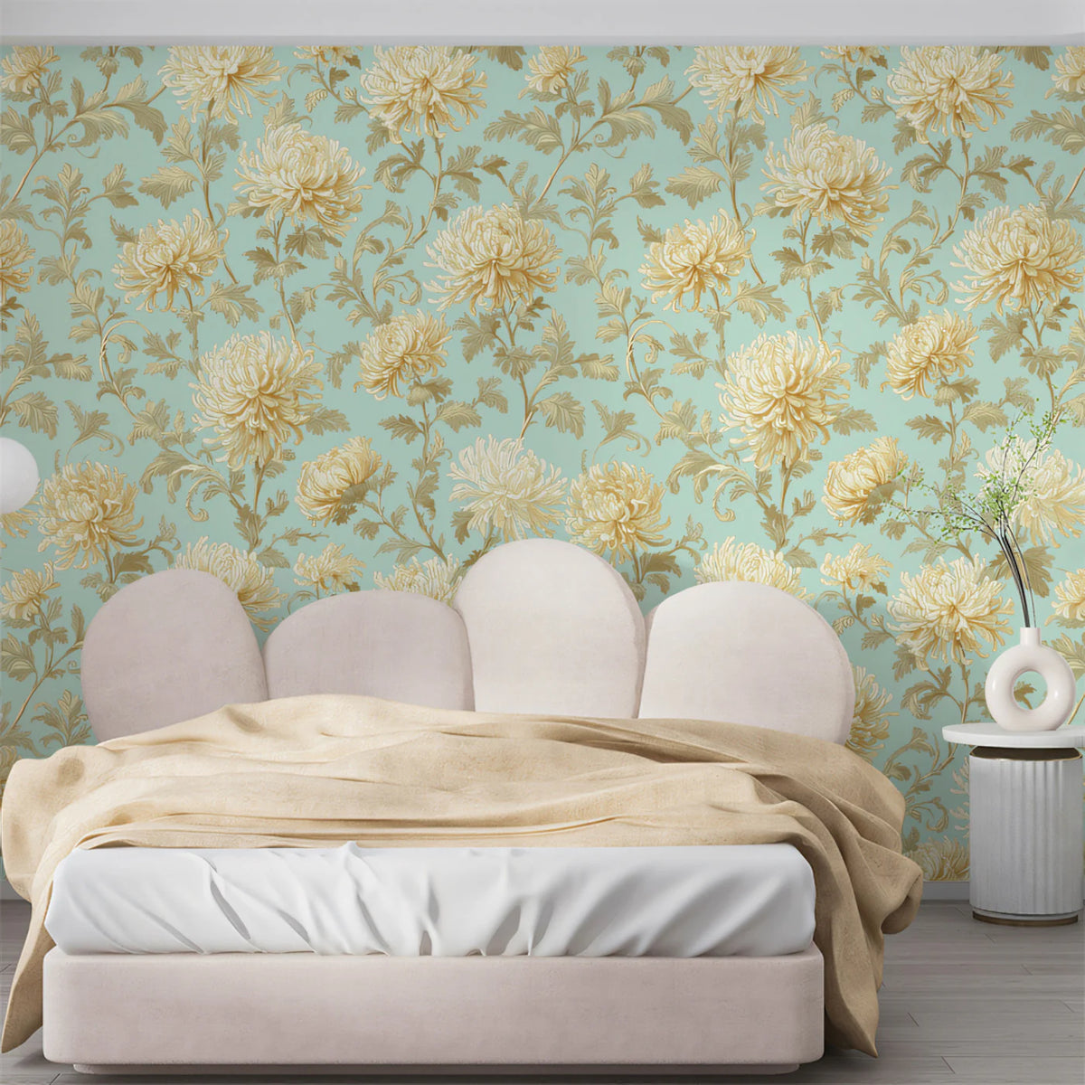 Vintage Chrysanthemum Floral Mural Wallpaper in Mint Green Mural Wallpaper - pure wallpaper artwork