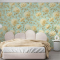 Vintage Chrysanthemum Floral Mural Wallpaper in Mint Green Mural Wallpaper - pure wallpaper artwork