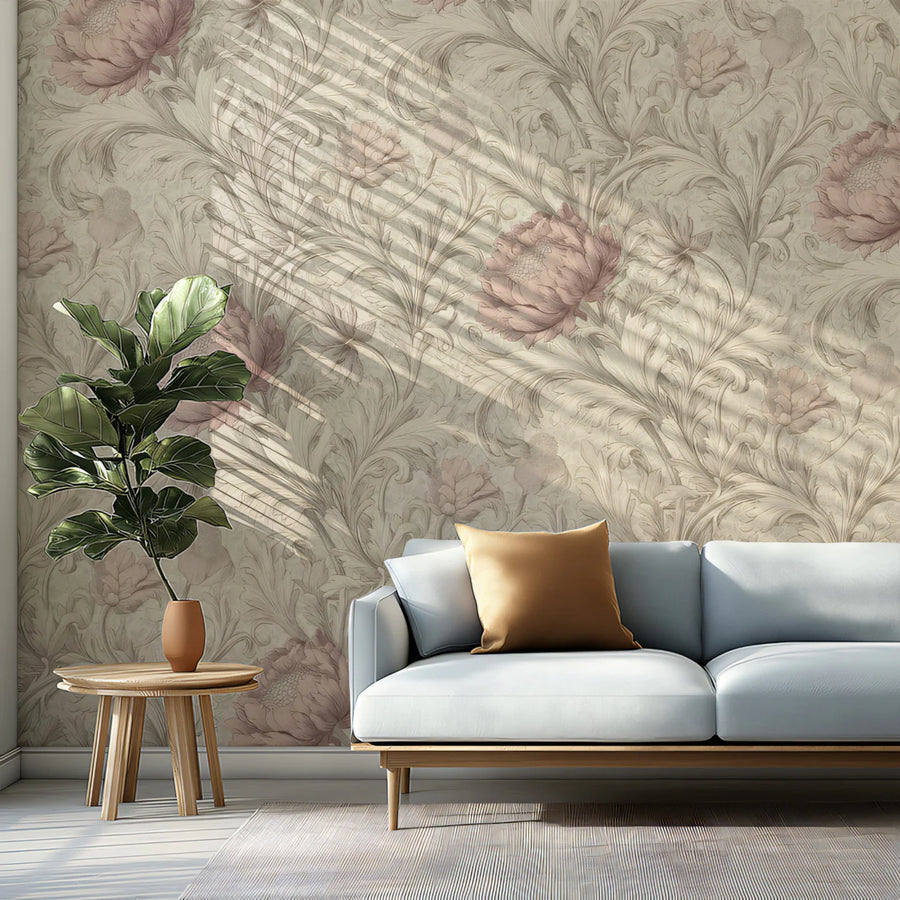 Vintage Peony and Acanthus Leaf Mural Wallpaper — Floral Heritage Mural Wallpaper
