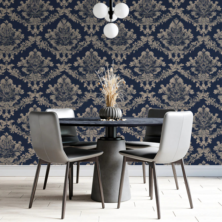 Navy Blue Damask Mural Wallpaper — Classic Victorian Pattern Mural Wallpaper