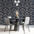 Navy Blue Damask Mural Wallpaper — Classic Victorian Pattern Mural Wallpaper - pure wallpaper artwork