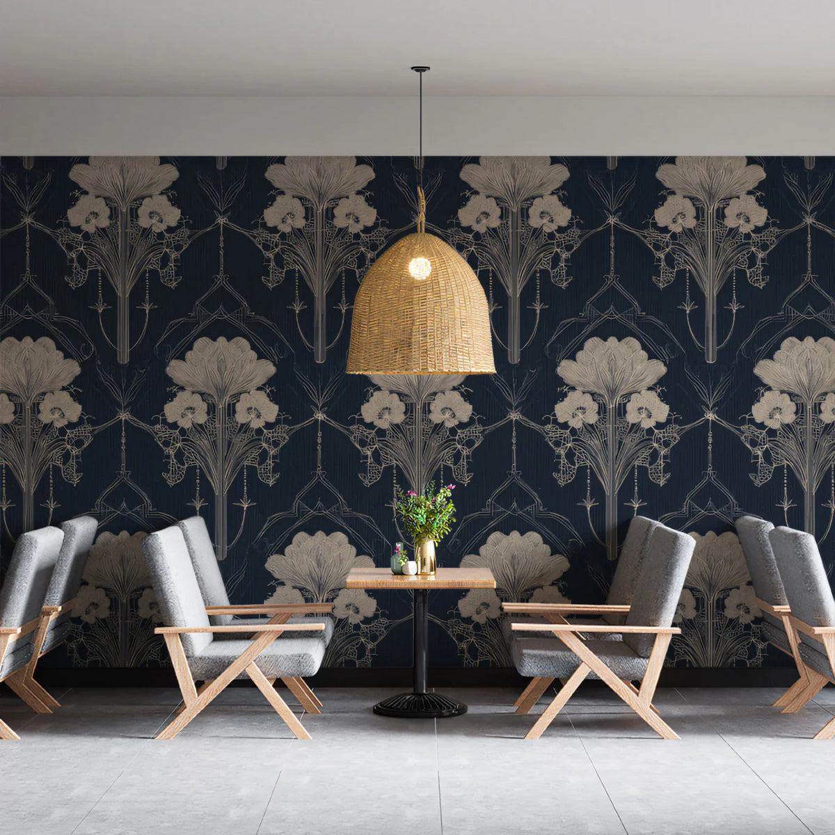 Art Nouveau Lily Mural Wallpaper — Vintage Navy and Cream Floral Mural Wallpaper - pure wallpaper artwork