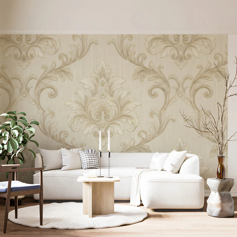 Neutral Damask Mural Wallpaper — Classic Symmetrical Pattern Mural Wallpaper