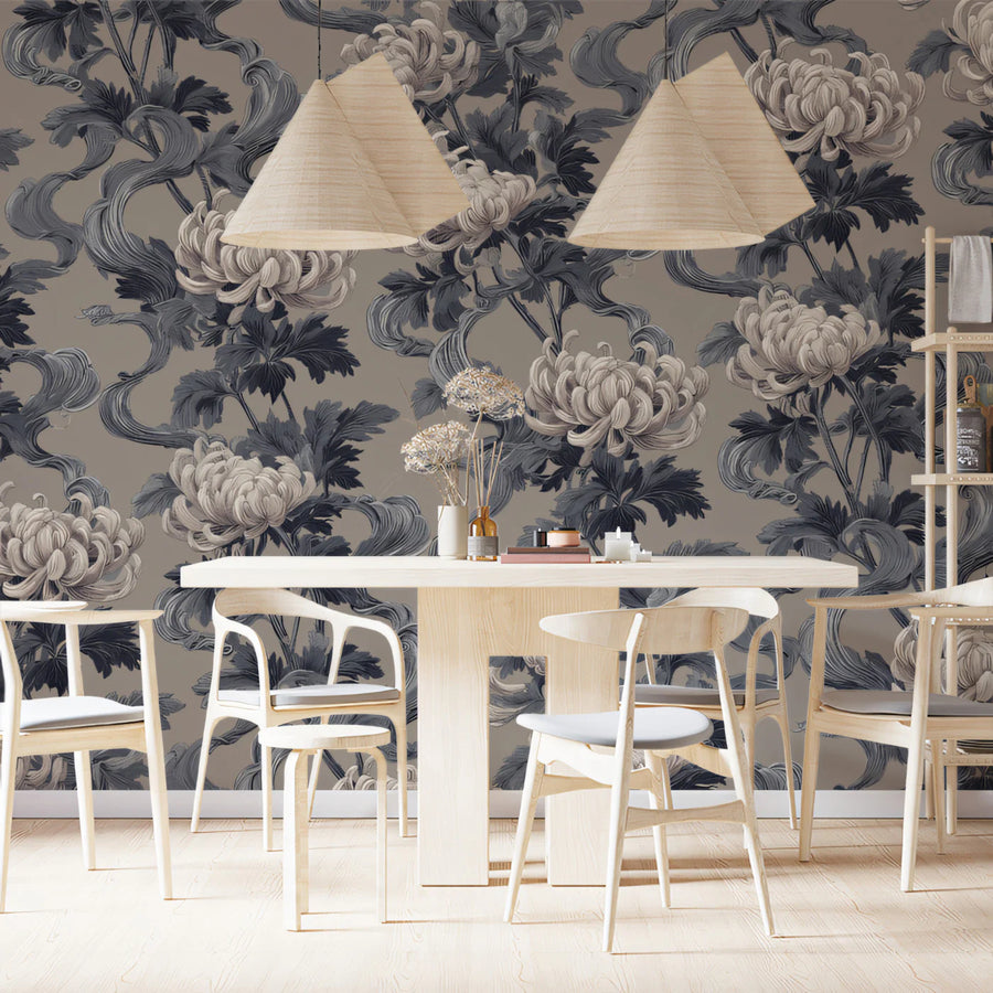 Vintage Chrysanthemum Vine Mural Wallpaper in Muted Gray and Taupe Mural Wallpaper