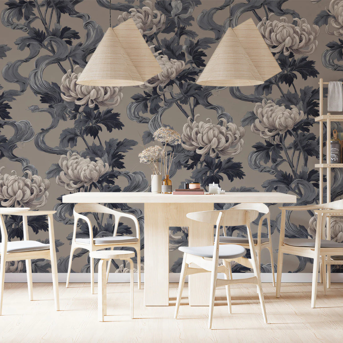 Vintage Chrysanthemum Vine Mural Wallpaper in Muted Gray and Taupe Mural Wallpaper - pure wallpaper artwork