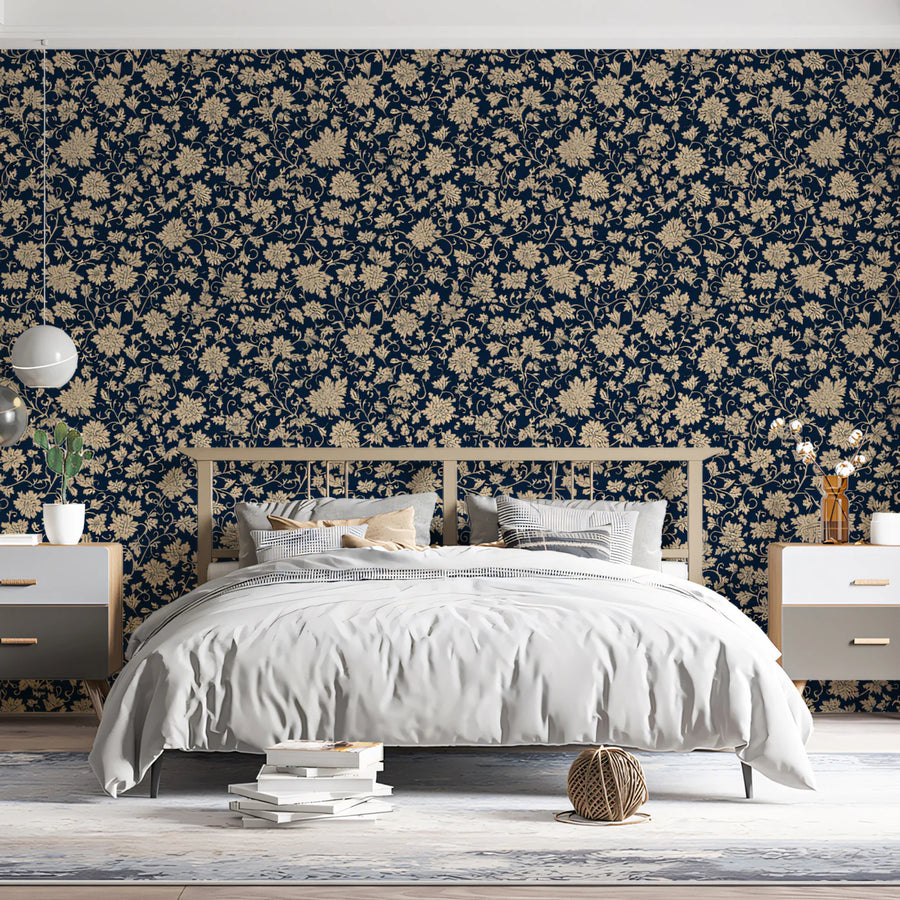 Dense Floral Vine Mural Wallpaper — Vintage Navy and Cream Design Mural Wallpaper