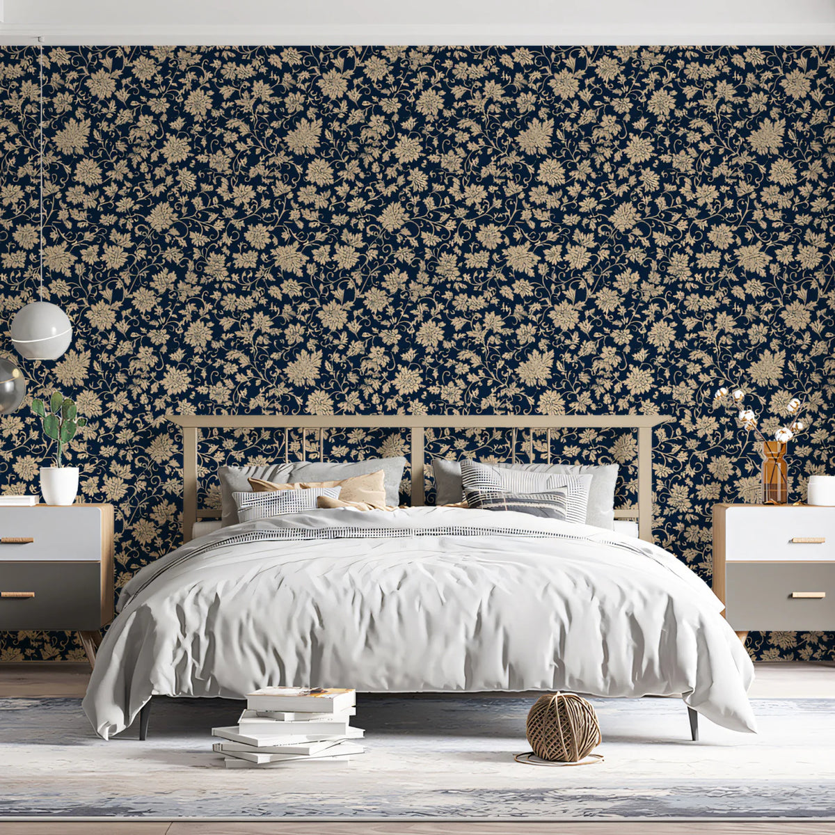 Dense Floral Vine Mural Wallpaper — Vintage Navy and Cream Design Mural Wallpaper - pure wallpaper artwork