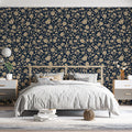 Dense Floral Vine Mural Wallpaper — Vintage Navy and Cream Design Mural Wallpaper - pure wallpaper artwork