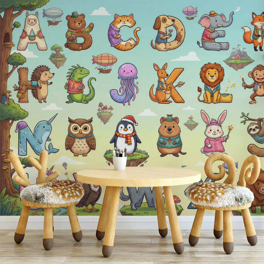 Animal Alphabet Whimsical Mural Wallpaper — Colorful Learning Decor Mural Wallpaper