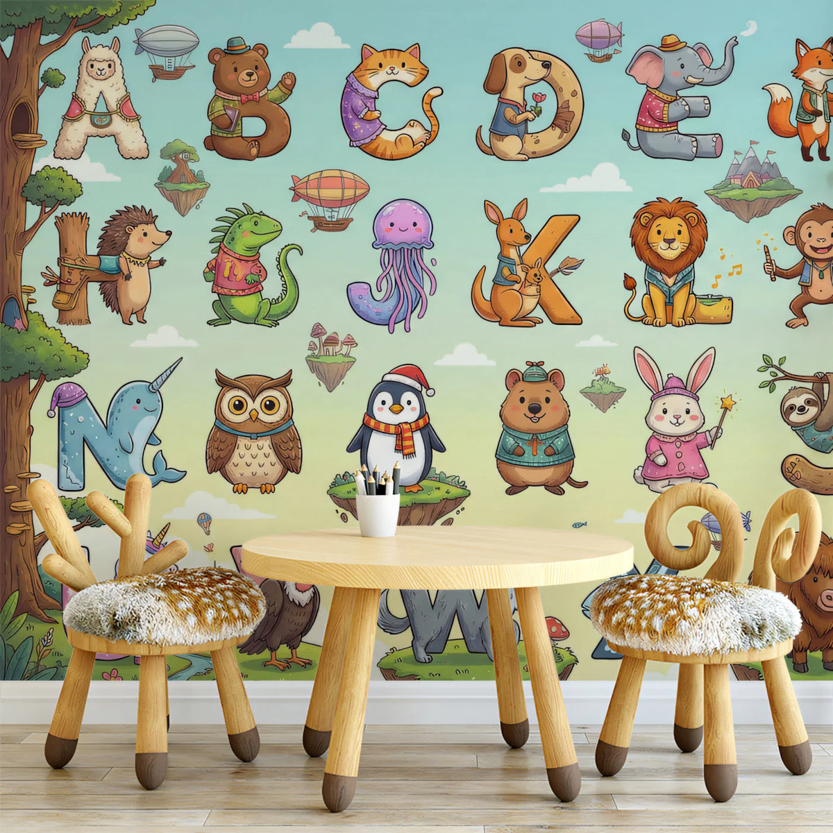 Animal Alphabet Whimsical Mural Wallpaper — Colorful Learning Decor Mural Wallpaper - pure wallpaper artwork