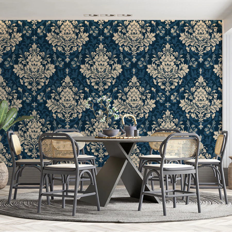 Navy Blue Damask Mural Wallpaper — Ornate Victorian Wall Decor Mural Wallpaper