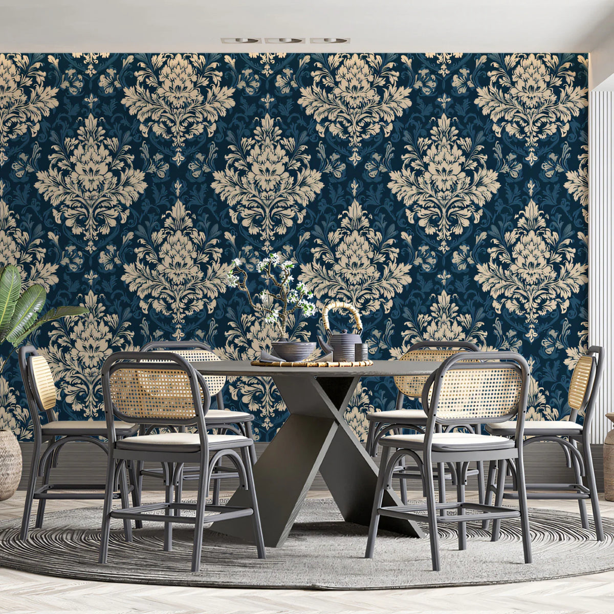 Navy Blue Damask Mural Wallpaper — Ornate Victorian Wall Decor Mural Wallpaper - pure wallpaper artwork
