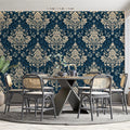 Navy Blue Damask Mural Wallpaper — Ornate Victorian Wall Decor Mural Wallpaper - pure wallpaper artwork
