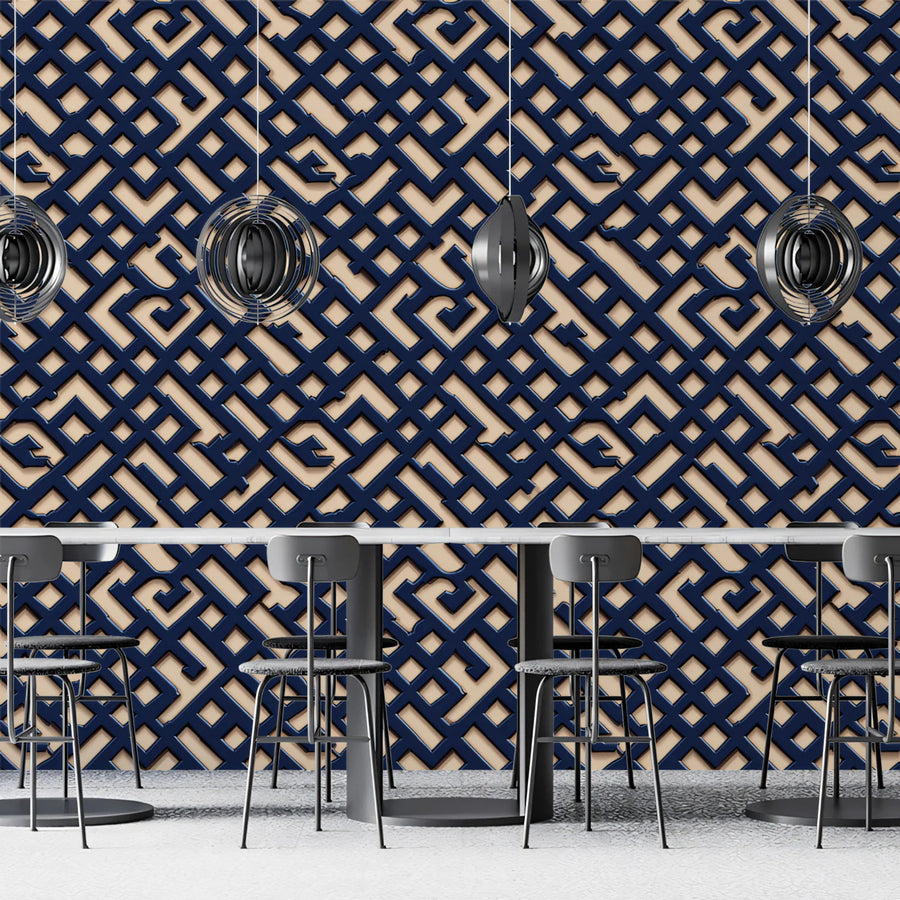 Navy Lattice Geometric Mural Wallpaper — Moroccan Inspired Decor Mural Wallpaper