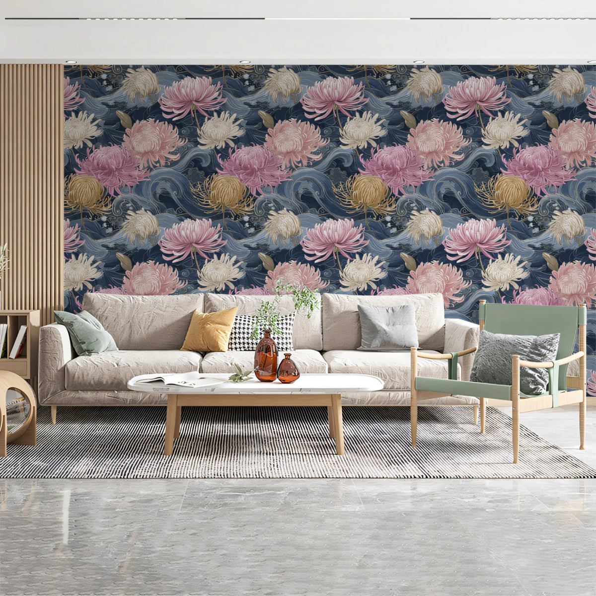 Japanese Chrysanthemum and Wave Mural Wallpaper — Navy and Pink Mural Wallpaper - pure wallpaper artwork