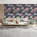 Japanese Chrysanthemum and Wave Mural Wallpaper — Navy and Pink Mural Wallpaper - pure wallpaper artwork