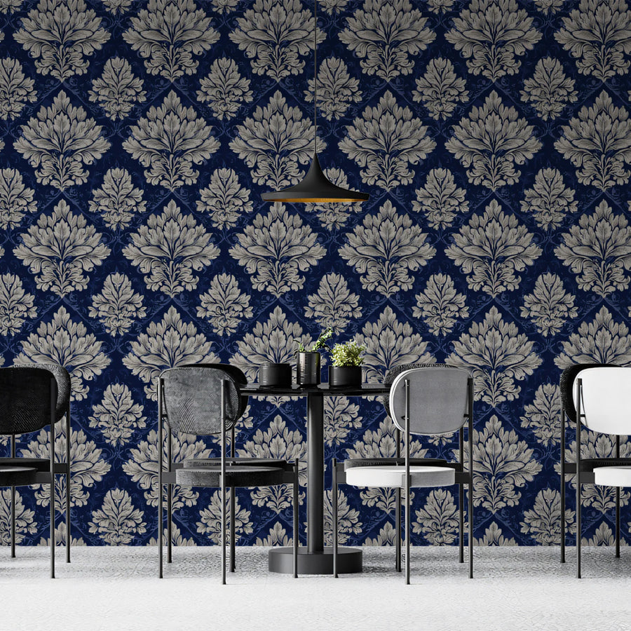 Royal Damask Navy and Silver Mural Wallpaper — Classic Victorian Mural Wallpaper