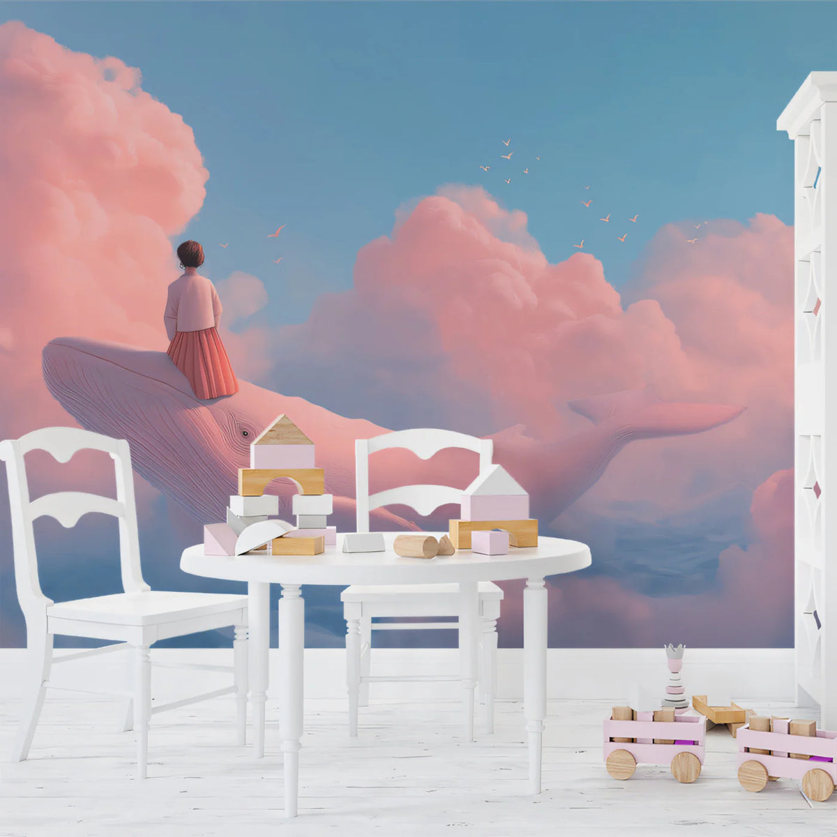 Girl Riding Whale Mural Wallpaper — Whimsical Sky Fantasy Mural Mural Wallpaper - pure wallpaper artwork