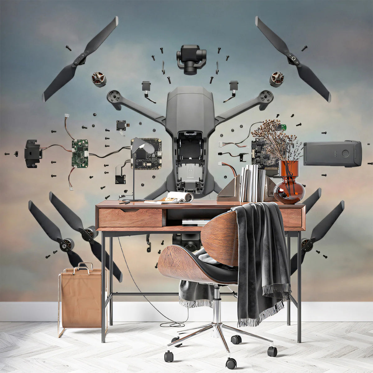 Drone Engineering Schematic Mural Wallpaper — Modern Tech Wall Decor Mural Wallpaper - pure wallpaper artwork