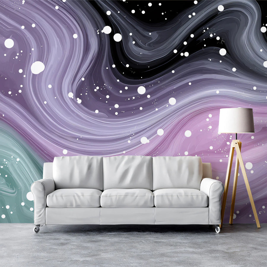 Cosmic Fluid Mural Wallpaper — Abstract Purple and Teal Galaxy Art Mural Wallpaper