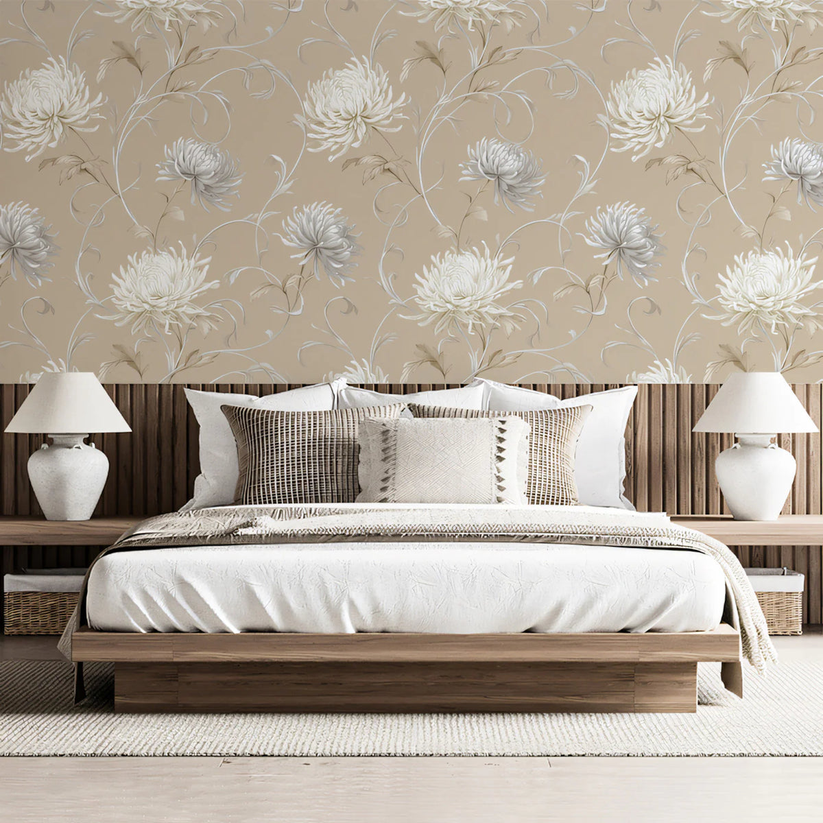 Silver Chrysanthemum Swirl Mural Wallpaper in Warm Beige Mural Wallpaper - pure wallpaper artwork