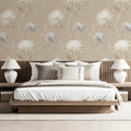 Silver Chrysanthemum Swirl Mural Wallpaper in Warm Beige Mural Wallpaper - pure wallpaper artwork