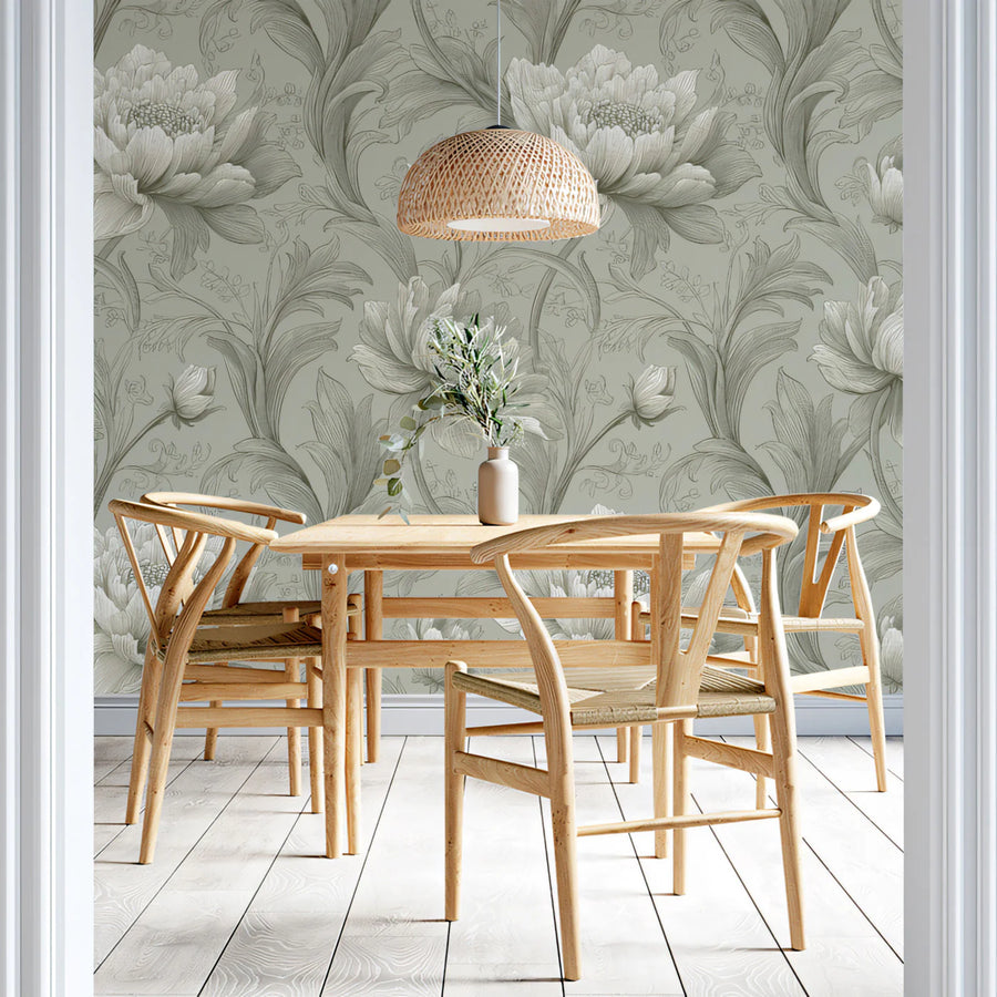 Vintage Peony Sketch Mural Wallpaper — Muted Sage Floral Decor Mural Wallpaper
