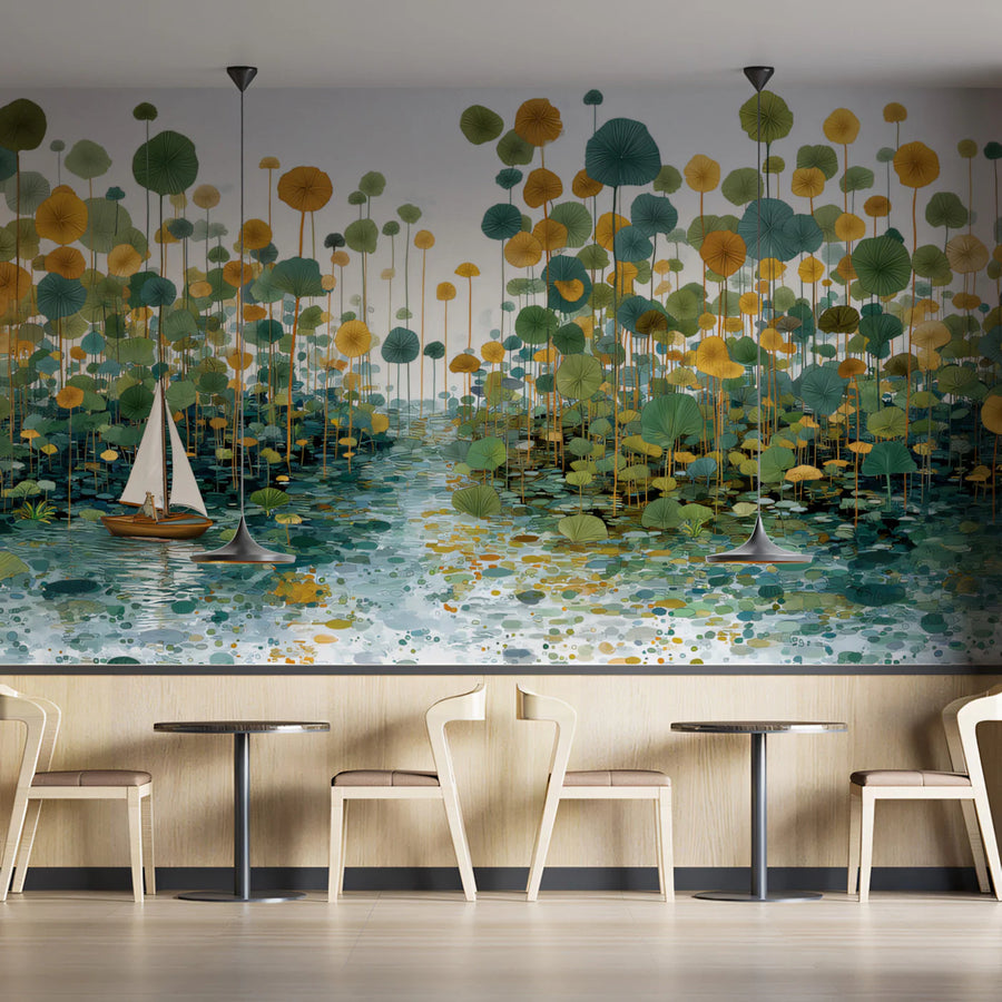 Sailboat and Marsh Flora Mural Wallpaper in Teal and Ochre Mural Wallpaper