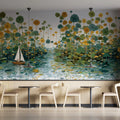 Sailboat and Marsh Flora Mural Wallpaper in Teal and Ochre Mural Wallpaper - pure wallpaper artwork