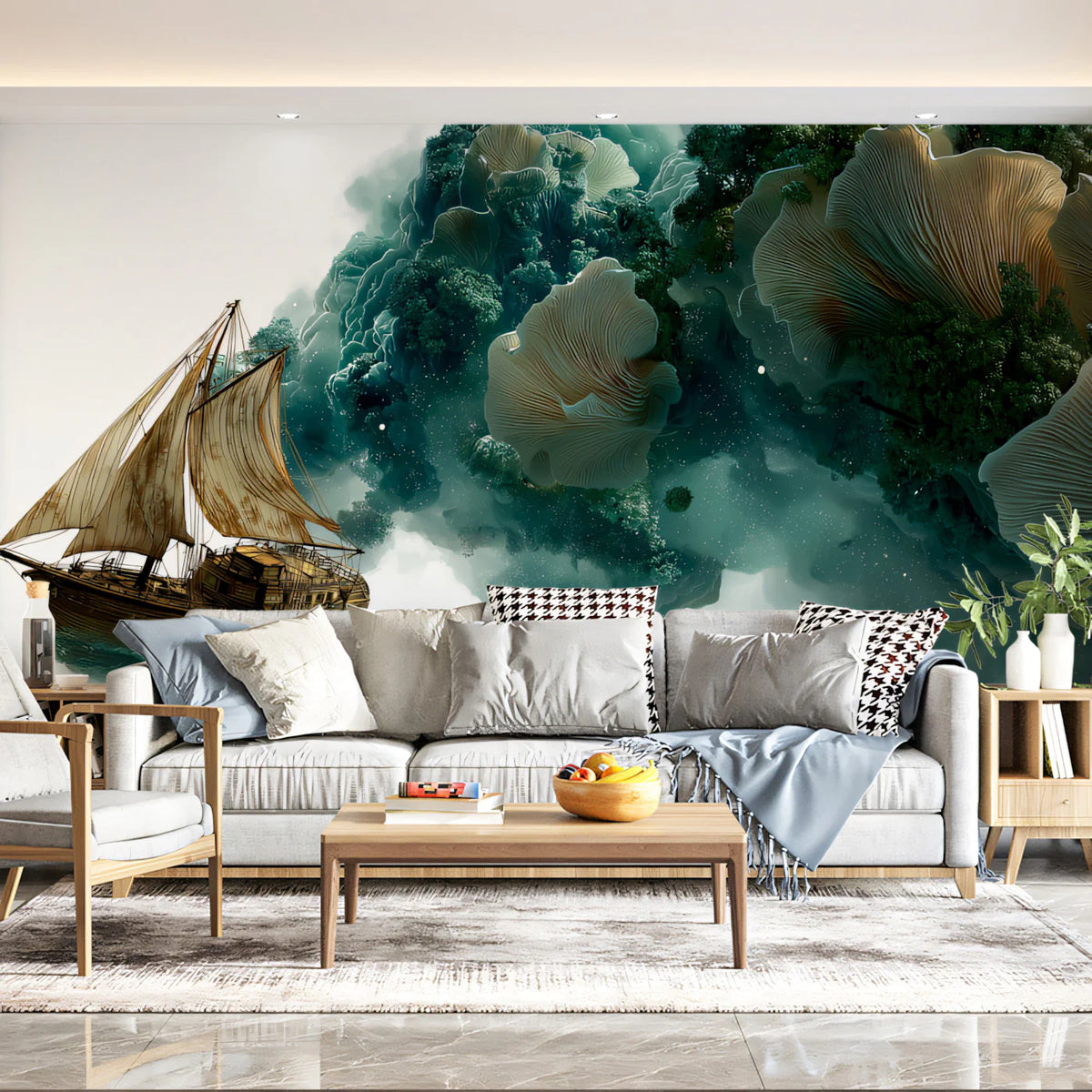 Surreal Sailing Ship Mural Wallpaper — Whimsical Fantasy Ocean Mural Wallpaper - pure wallpaper artwork