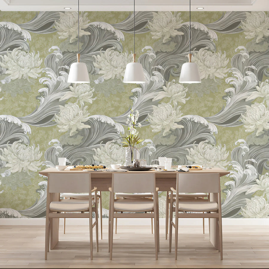 Japanese Wave and Chrysanthemum Mural Wallpaper — Sage Green Mural Wallpaper