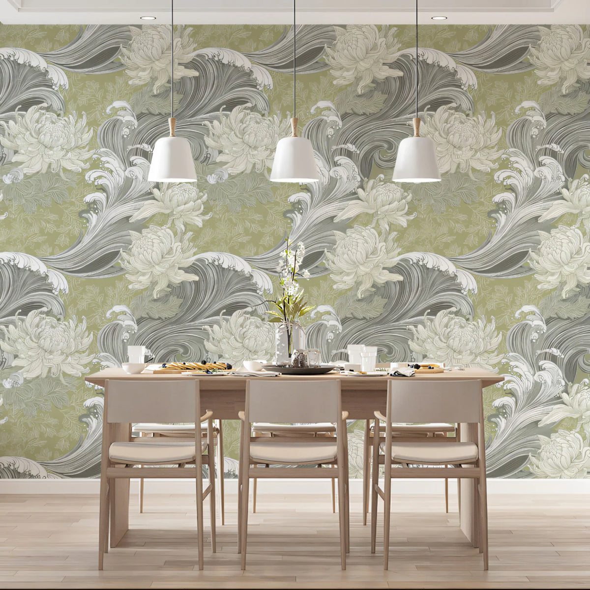Japanese Wave and Chrysanthemum Mural Wallpaper — Sage Green Mural Wallpaper - pure wallpaper artwork