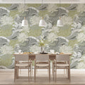 Japanese Wave and Chrysanthemum Mural Wallpaper — Sage Green Mural Wallpaper - pure wallpaper artwork