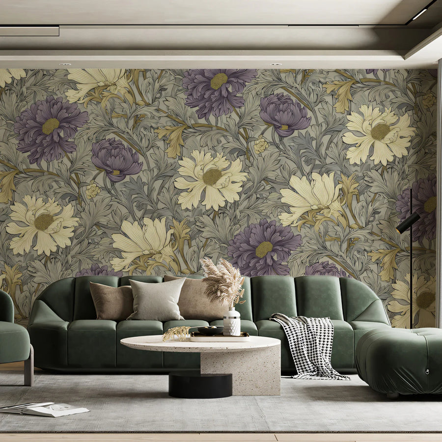 Vintage Chrysanthemum Floral Mural Wallpaper — Traditional Botanical Mural Wallpaper
