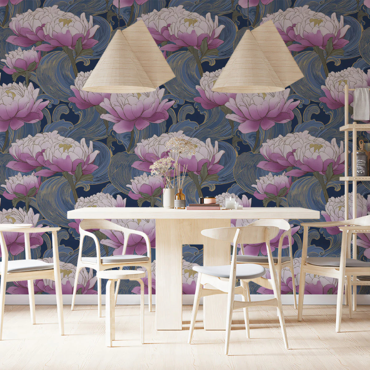 Chinoiserie Lotus Wave Mural Wallpaper — Artistic Floral Decor Mural Wallpaper - pure wallpaper artwork