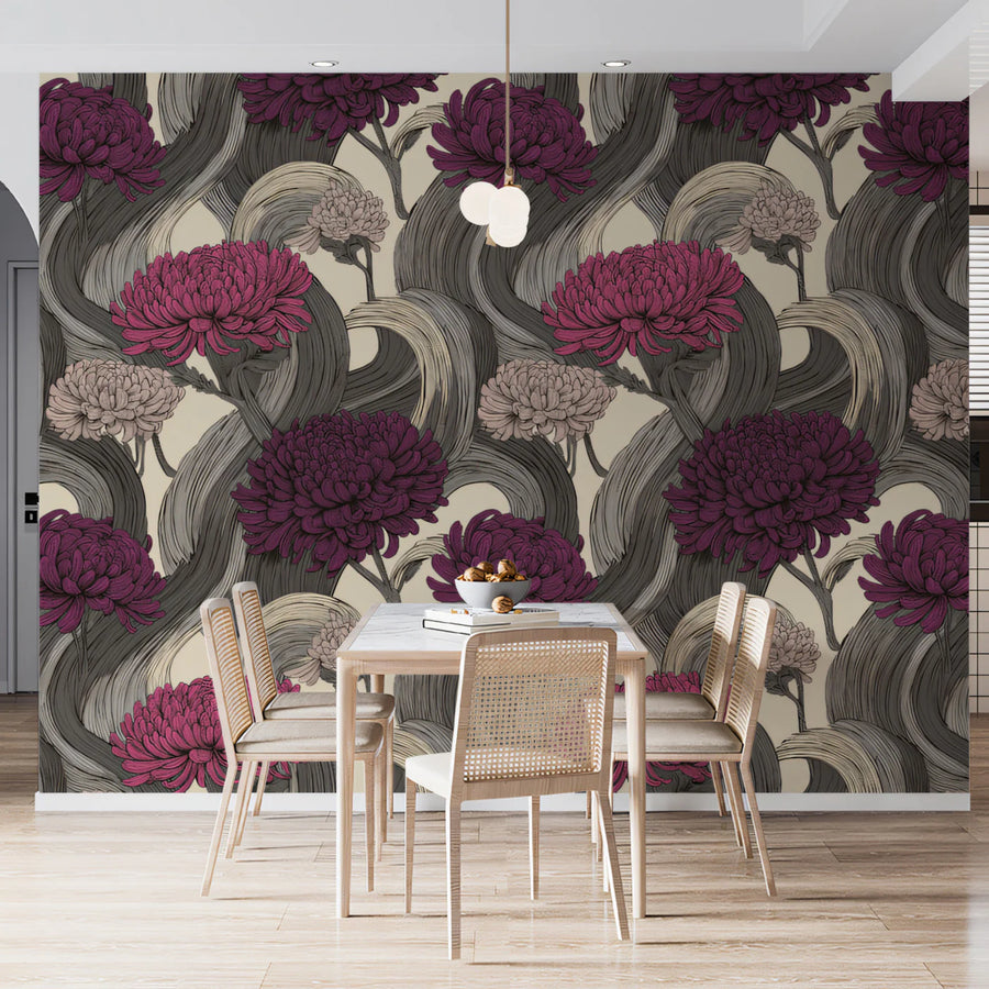 Stylized Chrysanthemum Floral Mural Wallpaper — Artistic Grey Swirls Mural Wallpaper