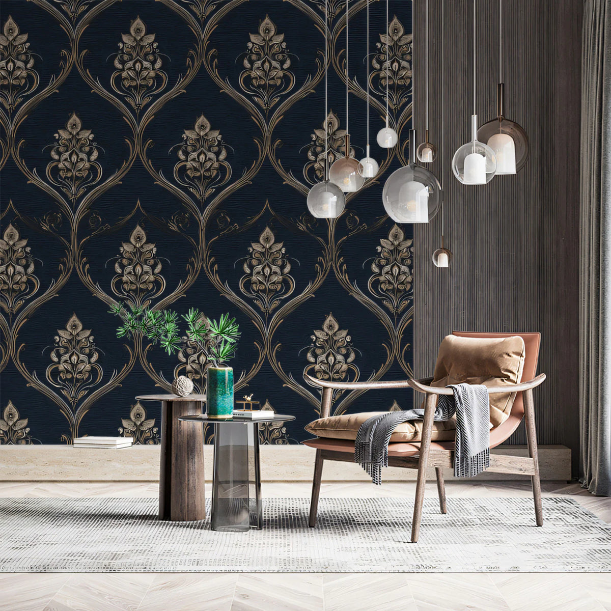 Midnight Baroque Damask Mural Wallpaper — Ornate Heritage Pattern Mural Wallpaper - pure wallpaper artwork