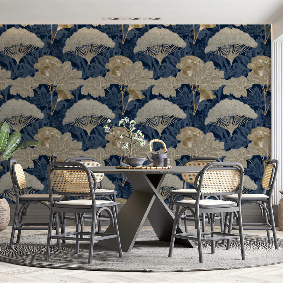 Stylized Fern and Botanical Mural Wallpaper — Midnight Blue & Gold Mural Wallpaper