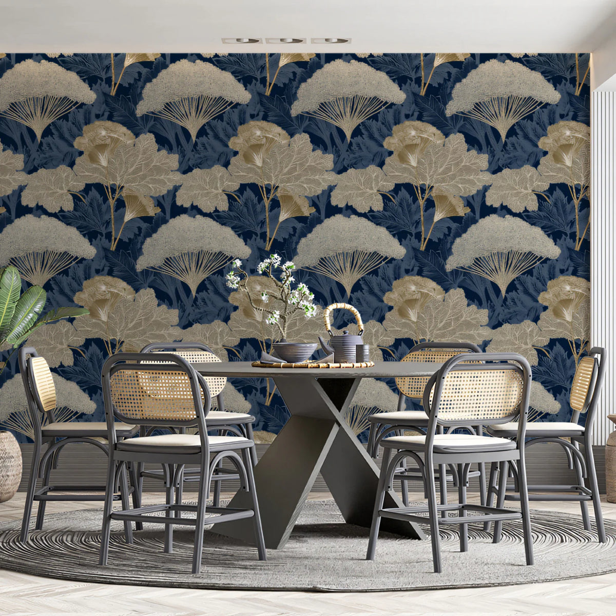Stylized Fern and Botanical Mural Wallpaper — Midnight Blue & Gold Mural Wallpaper - pure wallpaper artwork