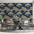 Stylized Fern and Botanical Mural Wallpaper — Midnight Blue & Gold Mural Wallpaper - pure wallpaper artwork