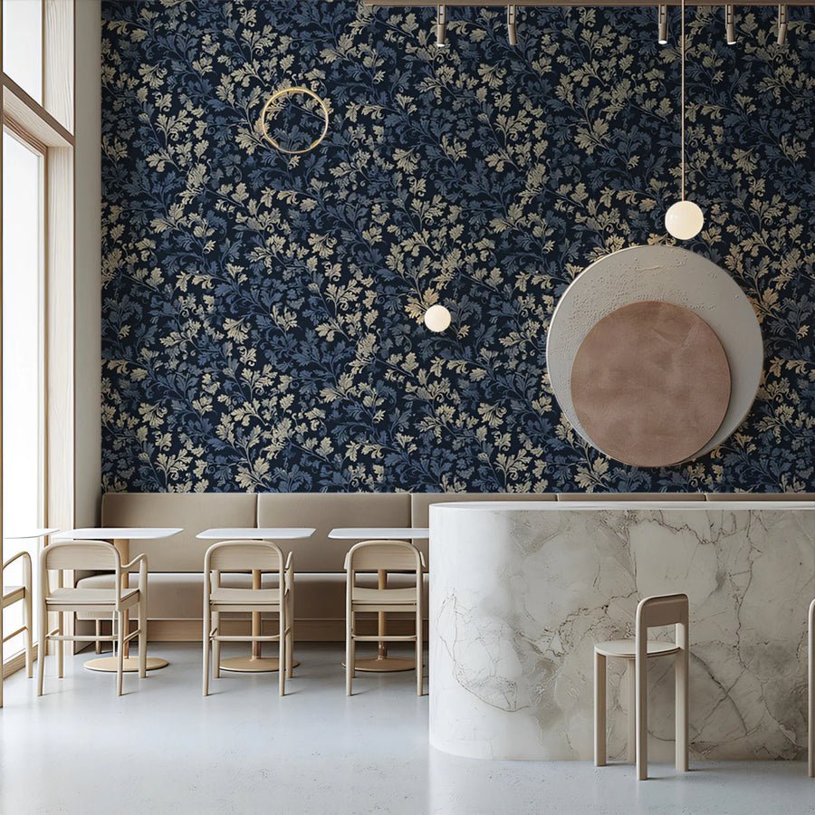 Vintage Botanical Leaf Mural Wallpaper — Moody Navy and Cream Mural Wallpaper