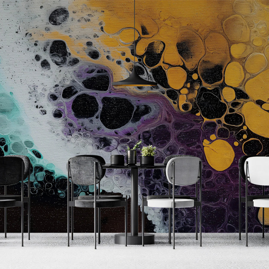 Fluid Teal and Gold Cell Mural Wallpaper — Modern Abstract Design Mural Wallpaper
